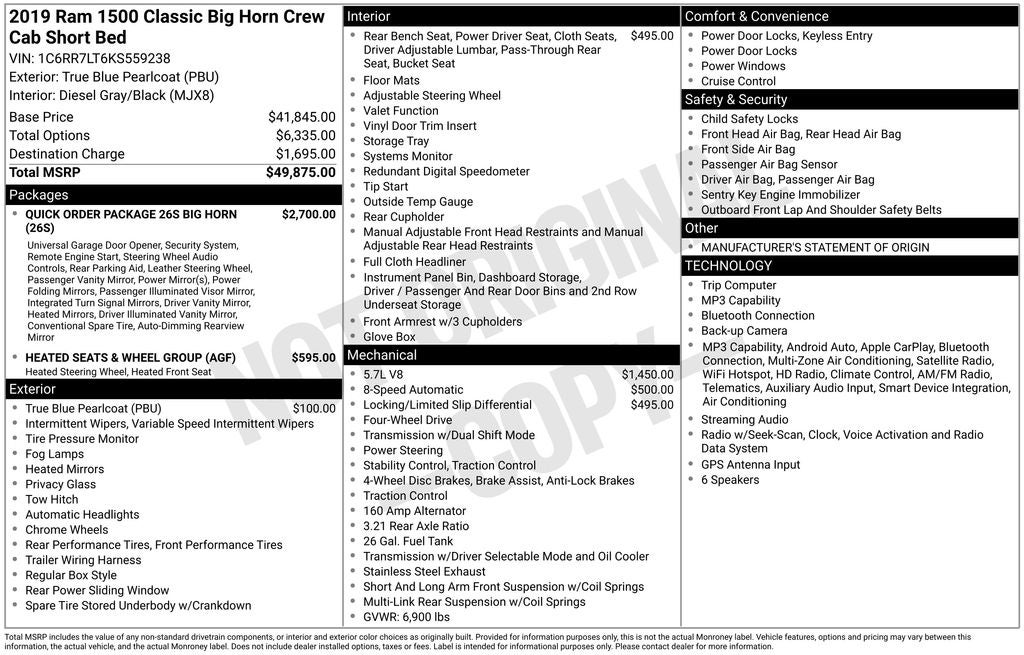 2019 RAM 1500 Classic Big Horn Crew Cab 4x4 5'7' Box